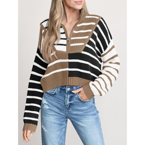 Women’s Coffe Saodi mallsu Striped Cropped Zip Up Sweater, Color Block - Picture 2 of 6